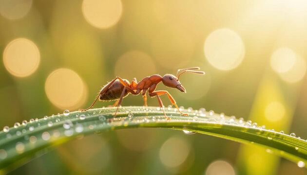 A close-up, macro photograph of a small, reddish-brown ant in sharp focus, positioned on the left side of the frame