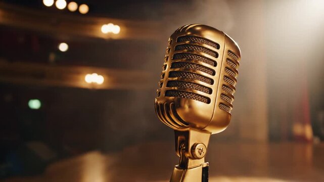 Vintage microphone on stage with spotlight and red curtain backdrop