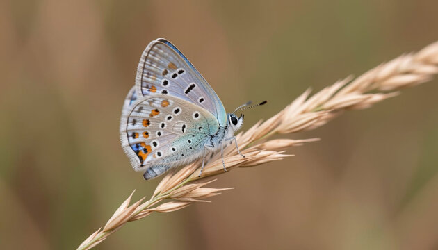 A small, delicate butterfly with iridescent blue and silver wings patterned with black and orange spots rests on a dry stalk of grass