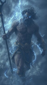 Greek mythology sea god Poseidon. Fantasy. A vivid portrayal of a muscular, bearded warrior, set against a stormy sky. The warrior holds a trident in one hand and a shield in the other.
