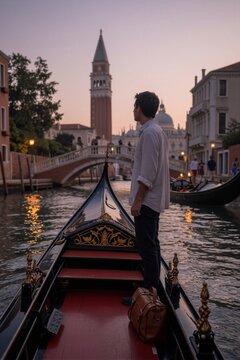 A man stands at the front of a gondola boat in Venice, Italy, looking out towards St Mark's Bell Tower and Basilica during a serene sunset.