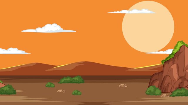 Cartoon desert landscape animation with mountains and sunset sky.