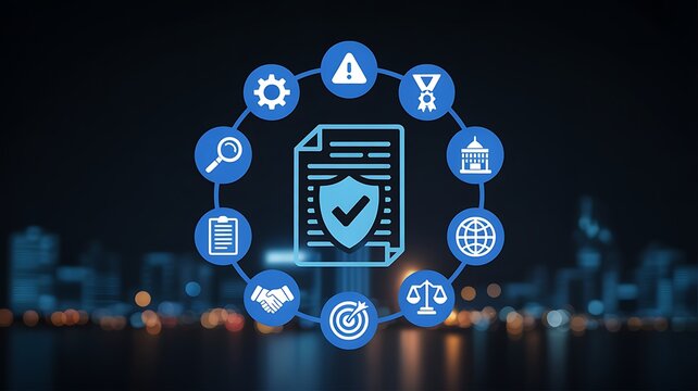 Secure contract and legal compliance with icons depicting key elements in a modern corporate business framework