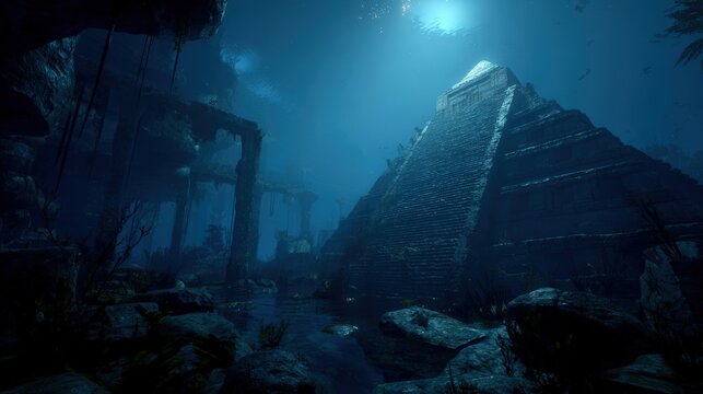 Lost civilization. Fantasy. A vivid underwater scene depicts an ancient, dilapidated structure, likely a temple or temple complex. The structure is a pyramidshaped structure with a weathered.