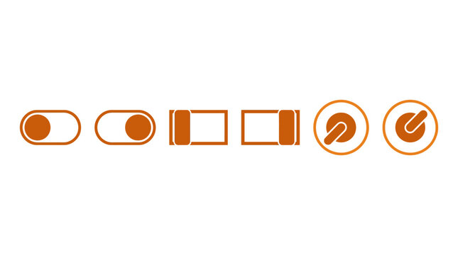 Set of toggle switches and buttons in various states, showcasing user interface design elements