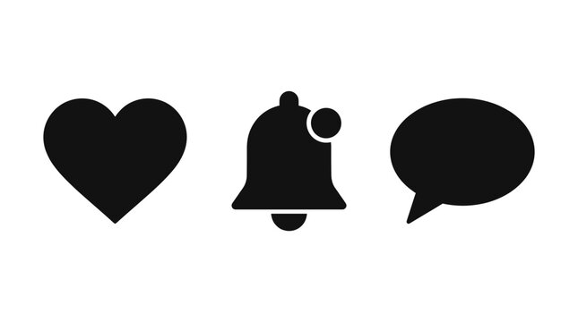 Black heart bell and speech bubble icons.