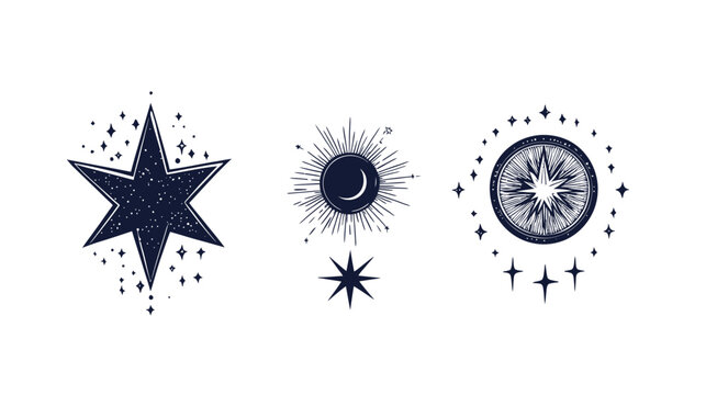 Three celestial illustrations a star, a sun and moon, and a radiant circular design