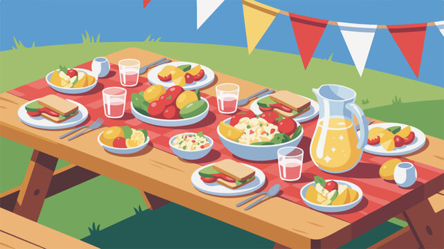 Outdoor picnic table set with food and drinks for summer event
