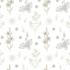 Fototapeta premium Seamless Floral Pattern on White Background – Minimal Botanical Line Art Illustration