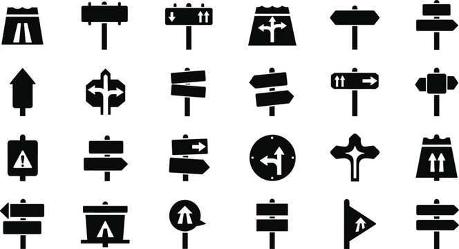 Road Direction Sign and Traffic Navigation Icon Collection with Highway Symbols and Wayfinding Signposts