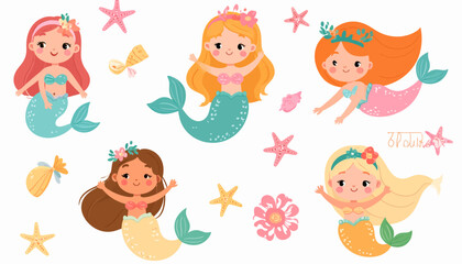 Fototapeta premium Cute Cartoon Mermaids Collection Swimming Underwater Fantasy Characters.