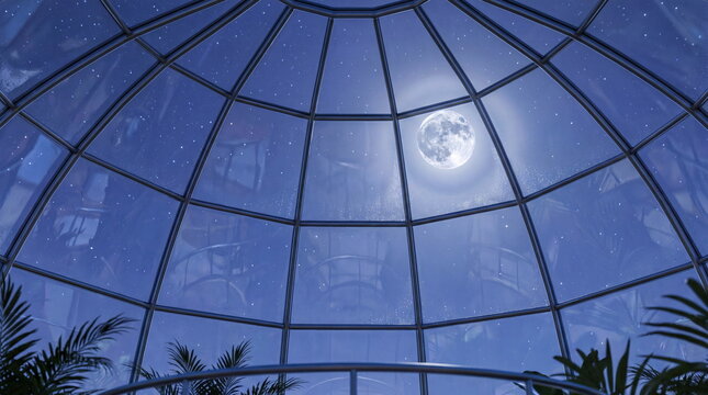 Modern glass dome interior at night in deep blue tones representing celestial beauty [with copy space]
