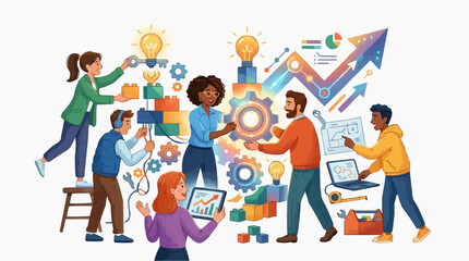 Fototapeta premium A collaborative business team builds innovative solutions, visualized with gears, light bulbs, and an upward-trending graph, emphasizing creativity and strategic development in a modern graphic style.