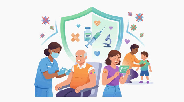Illustrative depiction of healthcare professionals, administering vaccinations to diverse individuals, emphasizing the concept of protection and health in a colorful, symbolic way.