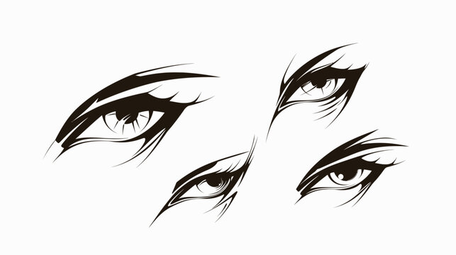 Stylized graphic featuring four sets of eyes, drawn with sharp lines and a bold, dark color