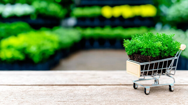 Miniature shopping cart holding a fresh green plant, concept of sustainable growing and purchasing nature