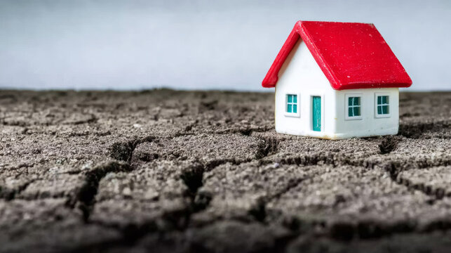 Miniature home standing on parched cracked earth, symbolizing drought, climate change impact, and housing vulnerability