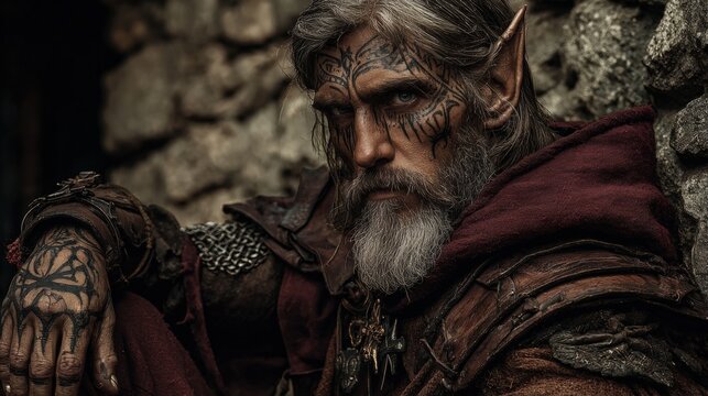 Europe medieval lifestyle. A detailed, closeup portrait of an elderly man with a fierce expression, set against a rustic stone backdrop. He has intricate tribal tattoos covering his face and neck.