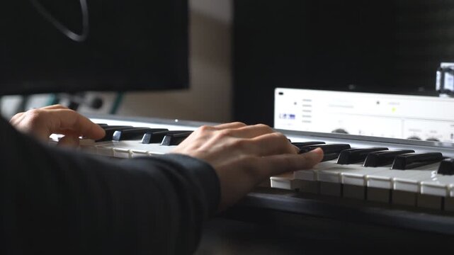 Hands of male musician playing at synthesizer. Mens arms plays solo of music or new melody. Close up fingers of pianist at the piano keys. Slow motion Rear back view Isolated shot