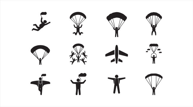 Skydiving silhouettes set featuring parachute jumps and aerial landing poses in minimal style