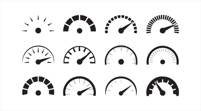 Speedometer and gauge icon collection with minimal black silhouette dashboard indicators