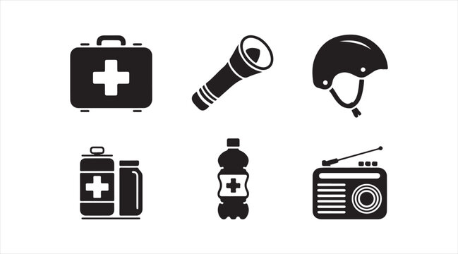 Black silhouette emergency kit icons representing safety tools and disaster preparedness essentials