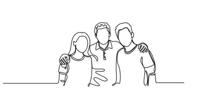 Animated self drawing of single continuous line draw group of young men are hugging. Male together. Happy friendship day with diverse friends of people hugging together. Full length one line animation