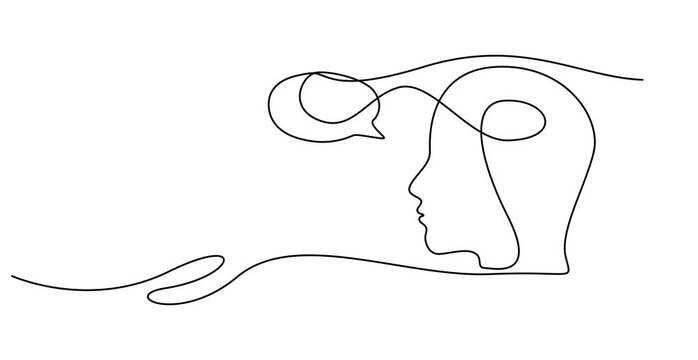 head of a man with speech bubble continuous one line drawing animation, Animated self drawing of continuous line draw. head of a man with speech bubble. Full length one line animation. 4K, Human head