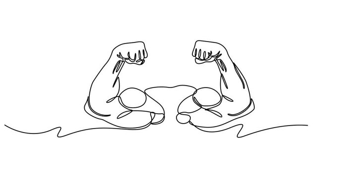 Animated self drawing of continuous line draw of Arm shows bicep fist. Full length one line animation, human body builder concept, shows power posture one line drawing, animation video.