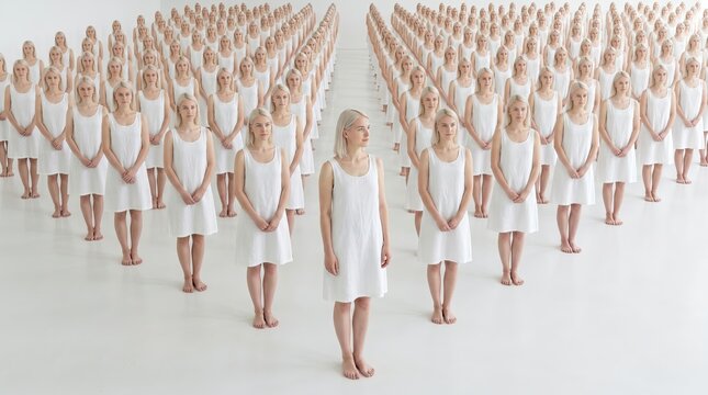Individuality and self acceptance concept, woman among identical mannequins in studio
