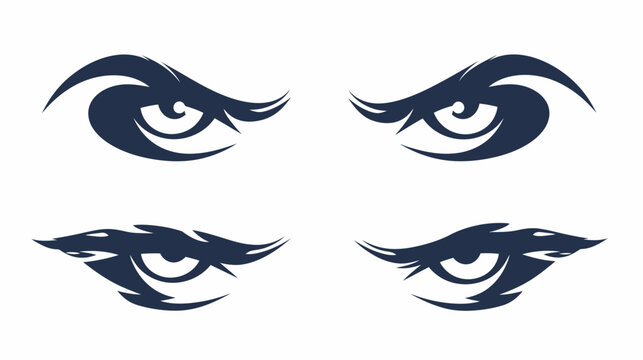Graphic illustration features four stylized eyes in dark blue against a white background