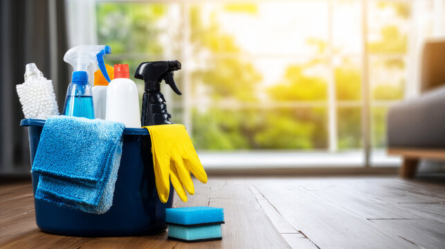 Cleaning supplies bucket with spray bottles, sponges, and cloths on wooden floor, bright home cleaning concept