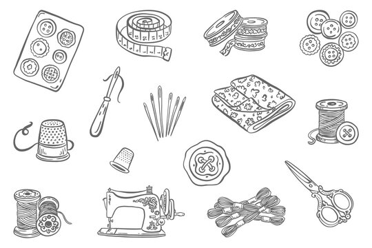 Vintage sewing kit hand-drawn doodle set. Isolated outline icons of sewing machine, scissors, thread, needles, and buttons. Retro tailor craft elements for DIY design and needlework projects.