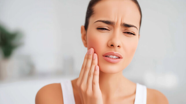 Young woman suffering from toothache, touching cheek with pained expression, experiencing dental pain and discomfort