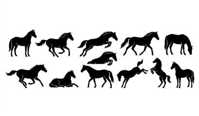 Fototapeta premium Horse silhouette collection modern vector galloping jumping standing resting poses design set