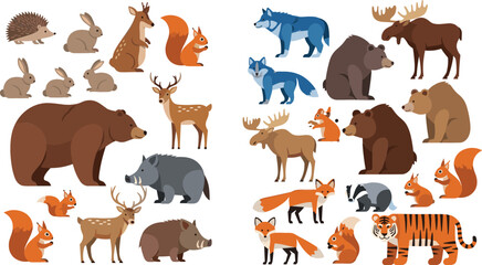 Fototapeta premium Forest wild animals vector set with bear fox deer wolf moose boar and squirrel, woodland wildlife collection for nature illustration and educational design