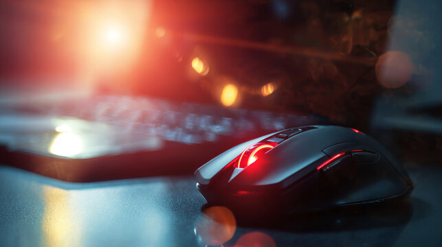 Gaming mouse with bright red lighting on a dark desk beside a laptop keyboard, featuring a warm lens flare