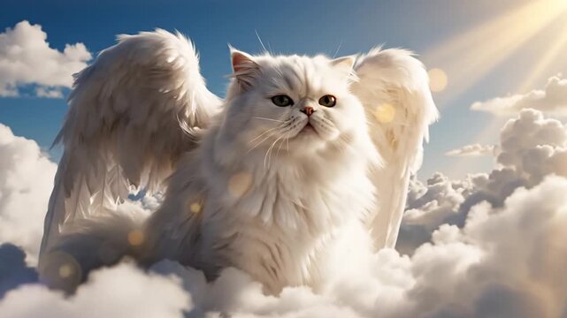 White cat with angel wings floating among clouds and sunlight