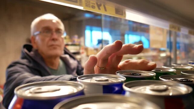An elderly man takes a can of beer from a supermarket fridge