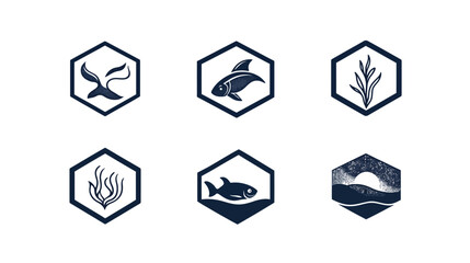 A collection of six navy blue hexagon logos, each depicting sea-related elements