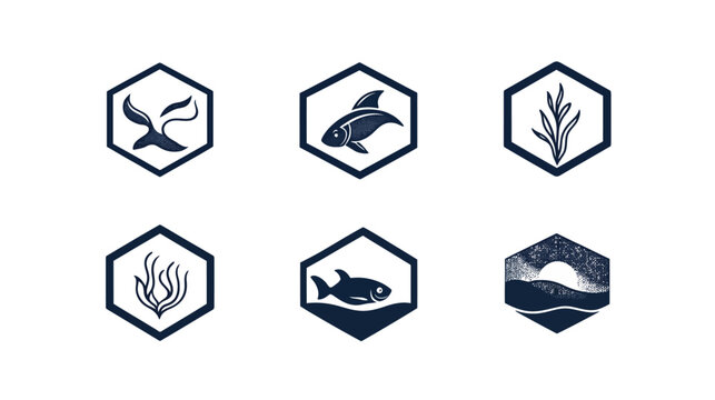 A collection of six navy blue hexagon logos, each depicting sea-related elements