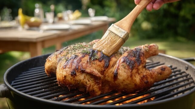 Basting a Whole Chicken on the Grill with Herbs and Spices, Outdoor Cooking with Fresh Ingredients and BBQ Techniques