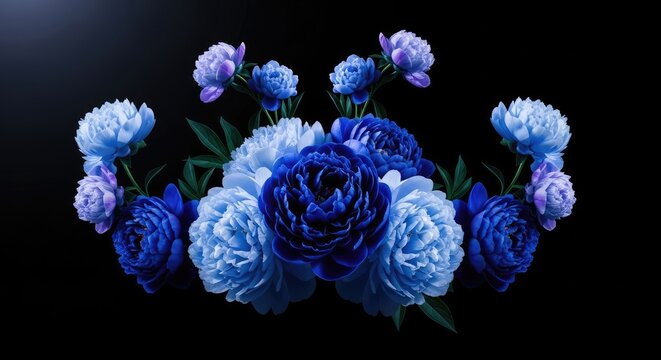 A vibrant bouquet of blue and purple flowers, including peonies and chrysanthemums, arranged in a circular pattern on a dark blue background.