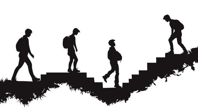 Black silhouettes of young individuals ascend a staircase amidst foliage, symbolizing progress