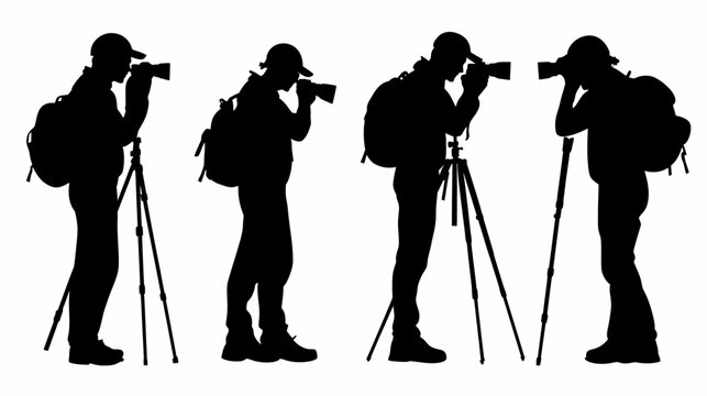 Silhouettes of photographers with backpacks, cameras, and tripods, on a white background