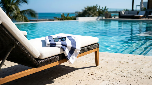 Poolside chair with towel and sunglasses placed neatly on it summer holiday theme