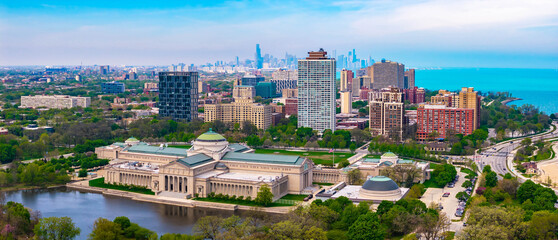 Naklejka premium Chicago Skyline Aerial from Jackson Park Lake Michigan Illinois