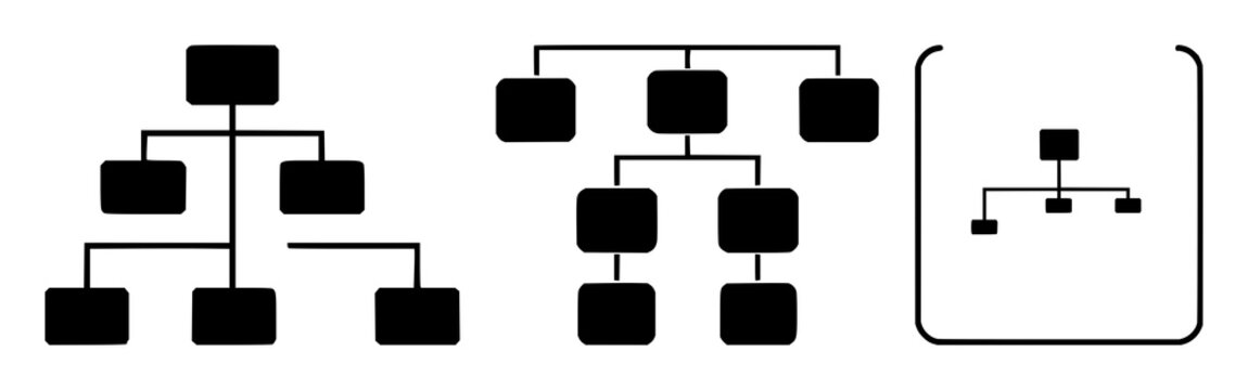 Sitemap icon set with solid black icon on white background featuring hierarchical nodes, connections, lines with outline and minimalist design