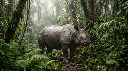 Ultra-realistic Javan rhinoceros standing in dense tropical forest, symbolizing one of the rarest and most endangered mammals on Earth