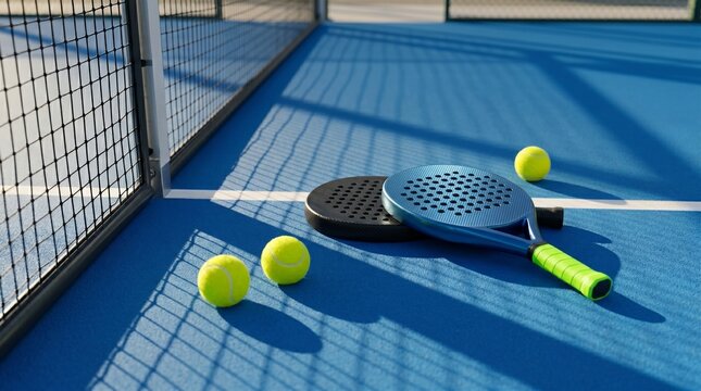 Padel rackets and balls on a blue court with net corner equipment recreation activity athletic sporting gameplay training exercise daylight sunlight close-up contrast